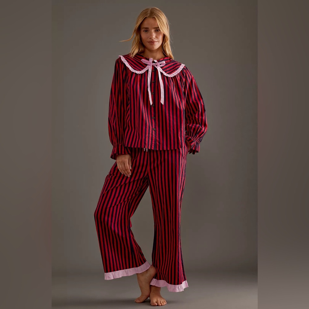 Damson Madder Striped Red & Black Cotton Pajama Set with Pink Trim